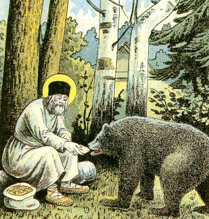 Серафим кормит медведяФрагмент литографии, 1903 г.