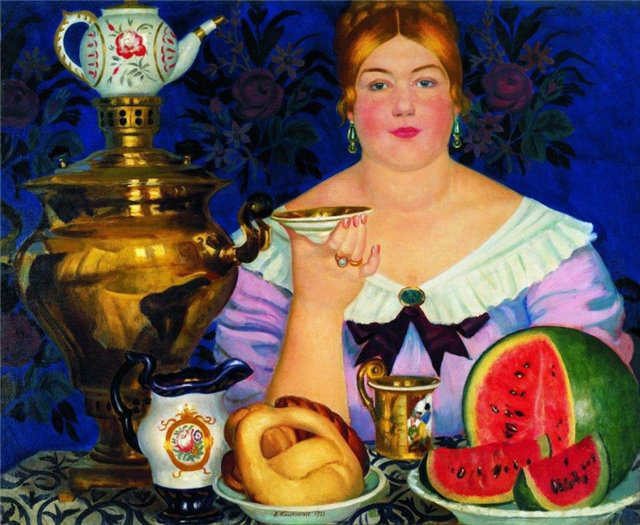 Б. М. Кустодиев. Купчиха, пьющая чай. 1923