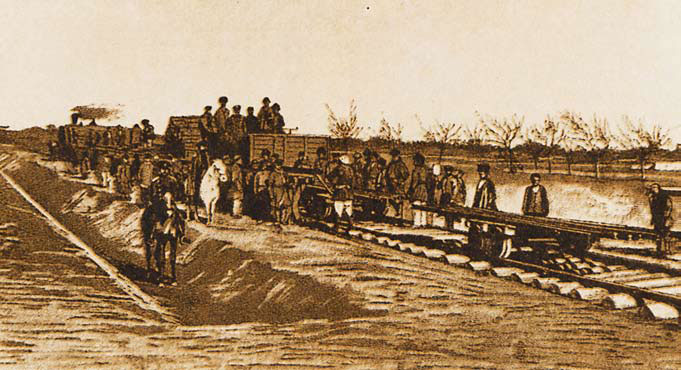 Укладка рельсов на 969-м километре Закаспийской железной дороги. 1885 год // Предоставлено М. Золотаревым