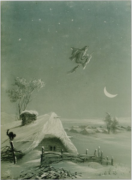 A.F. Kondyrev. The witch Solokha flies out of the chimney. An illustration of The Night Before Christmas, 1869 / Provided by Mikhail Zolotarev