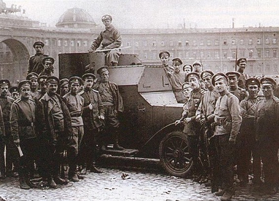Armed vehicle Ostin surrounded by capets near Winter Palace, 1917