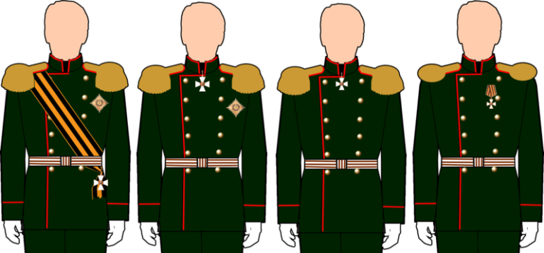 Правила ношения степеней ордена Св. Георгия (слева направо с 1-й по 4-ю). Фото: ru.wikipedia.org