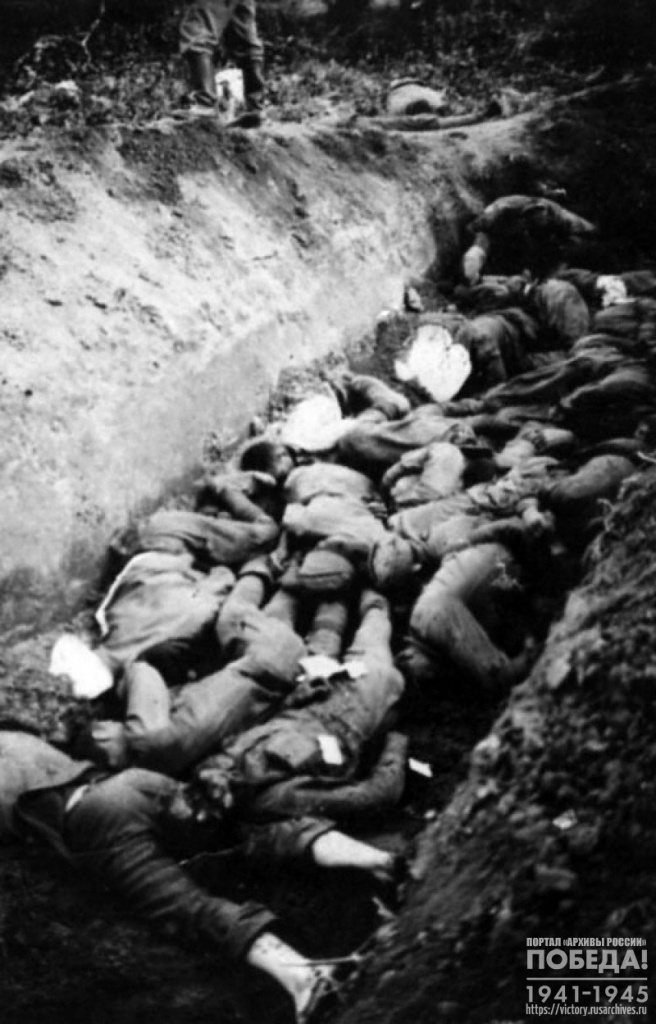  Ров с телами советских военнопленных, умерших от голода и болезней в лагере временного содержания 1941 г.Из трофейных фотографий, изъятых у пленных и убитых солдат вермахта