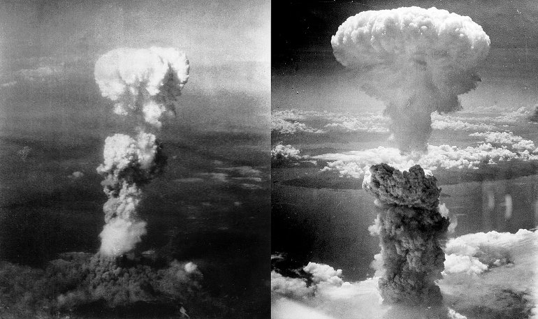 Ядерный гриб над Хиросимой (слева) и Нагасаки (справа). Фото: George R. Caron / wikipedia.org