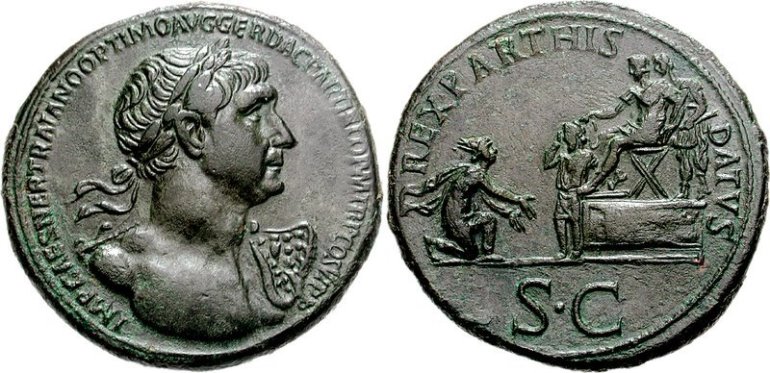Фото. Сестерций Траяна весом около 4 скрупулов, Рим, 116 - 117 гг. Фото: cngcoins.com