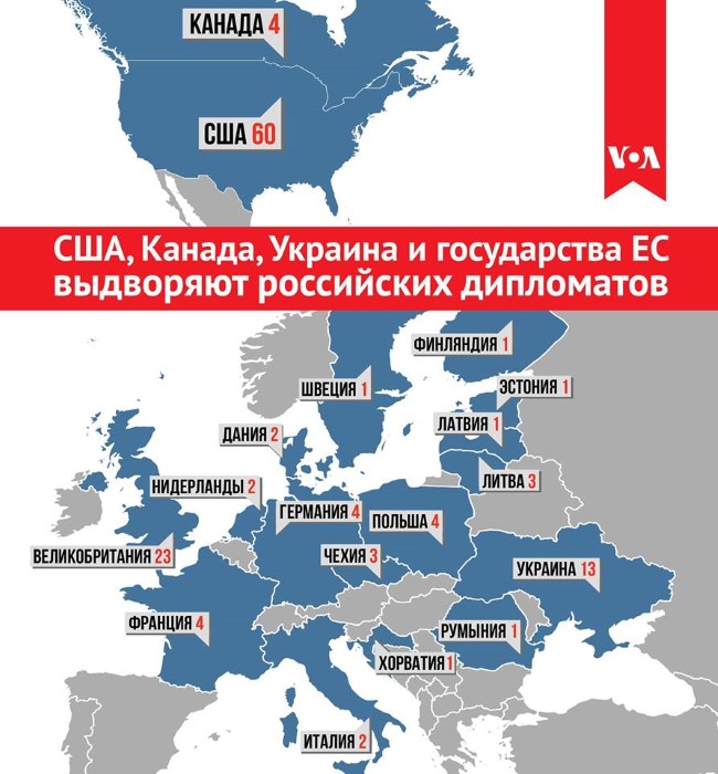  Какие страны высылают российских дипломатов. Фото: Голос Америки / Facebook