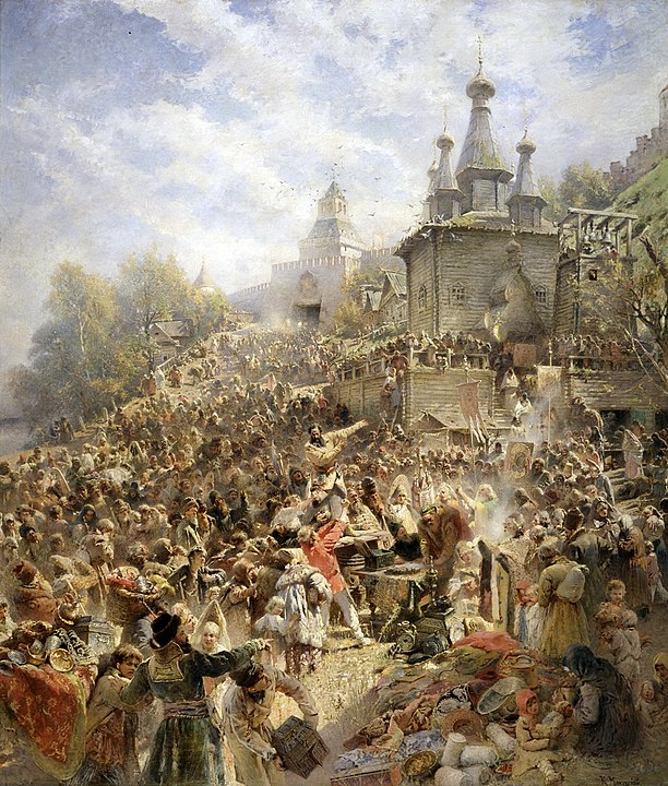 Константин Маковский. Минин на площади Нижнего Новгорода, возле церкви Иоанна Предтечи, призывающий народ к пожертвованиям, 1896