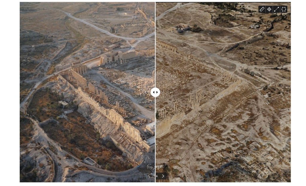 Слева – фотография Пальмиры, справа – 3d-модель того же участка. Фото: rac.archeo.ru###https://rac.archeo.ru/projects/palmyra-3d/